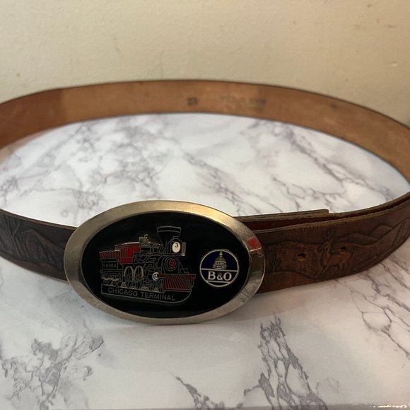 Chicago Terminal B&O Belt Buckle with Tooled Western Brown Belt - Picture 1 of 11